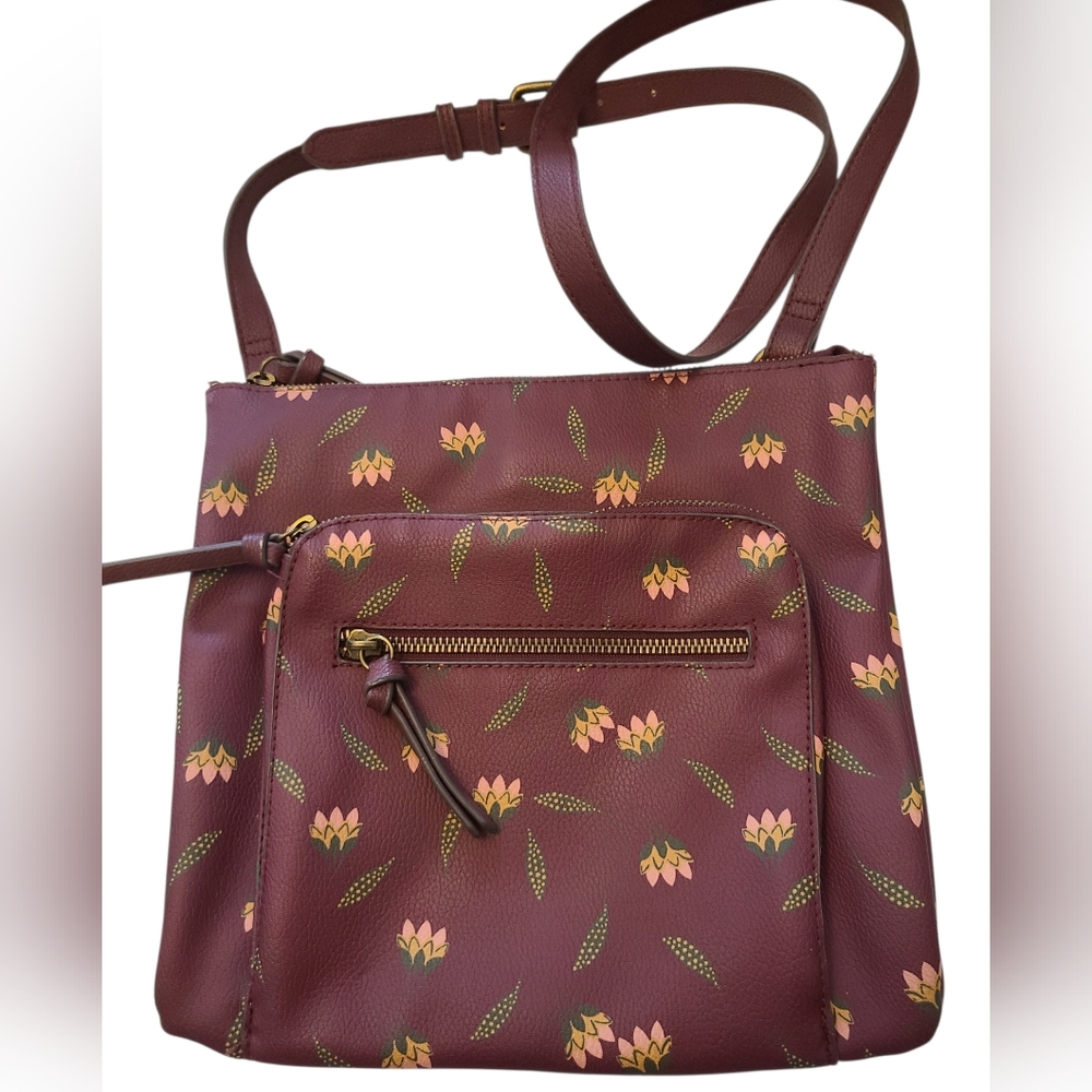 Sonoma Crossbody‎ Bag Burgundy Floral Multi-Compartments 10" Square NEW
